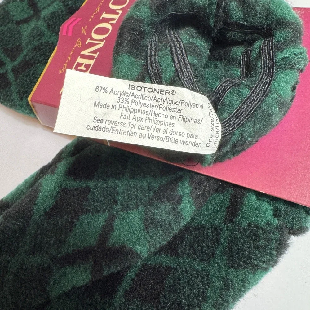 Isotoner Fleece Mittens One Size Evergreen Green Black Argyle Plush VTG 90s NEW - Picture 7 of 9